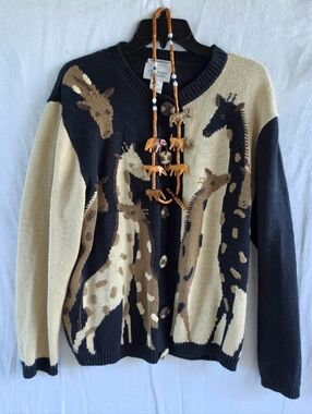 Christopher & Banks Hand Embroidered Giraffe Cardigan Sweater w/ Safari Necklace